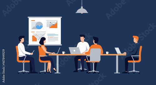 Professional team meeting in modern office setting with presentation