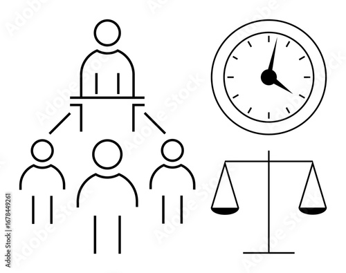 Hierarchical relationship with leader and team, clock representing time, balance scale symbolizing justice. Ideal for leadership, time management, fairness, law, equality, decision-making