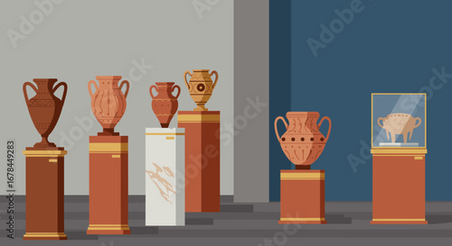 Exhibition of ancient pottery in modern gallery setting with display stands
