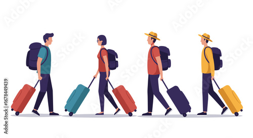 Traveling people with luggage in modern minimalist style illustration