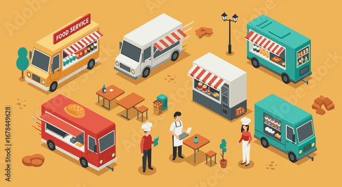 Isometric outdoor food truck market scene with diverse cuisines and vendors