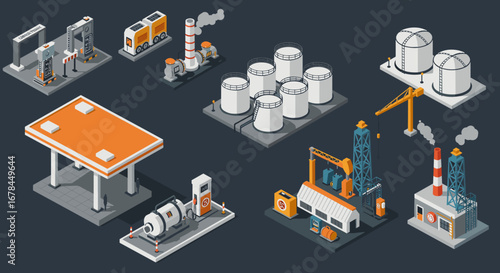 Isometric industrial set: factories, equipment, and storage tanks on dark background
