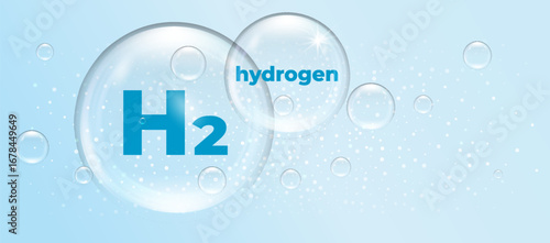 Hydrogen molecule in a transparent 3d bubble. H2 chemical element. Clean water and air icon. Vector illustration on blue background