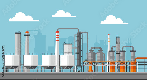 Industrial plant landscape with urban skyline and clouds