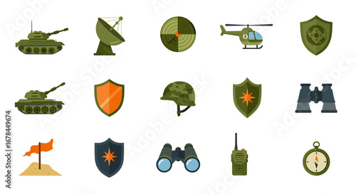 Military equipment icons: tanks, helicopters, and communication gear in flat design