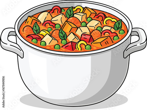 Hearty Vegetable Stew in White Pot, Colorful Flat Vector Illustration