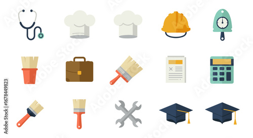 Flat design icons of professions and tools for diverse career paths