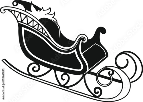 Vector silhouette design of a vintage Christmas sleigh with reindeer and gifts, a rocking horse ornament and black shoe tattoo