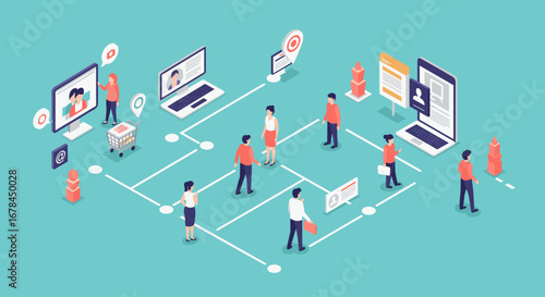 Isometric digital marketing workflow with business people interacting online