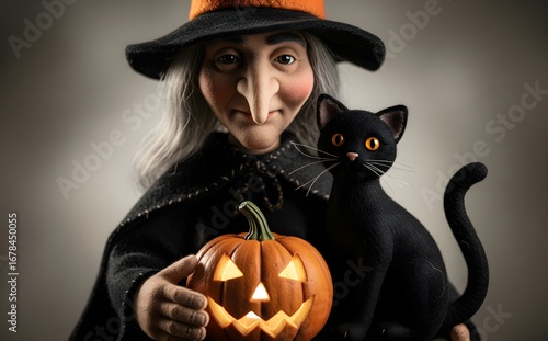 halloween witch with pumpkin and cat