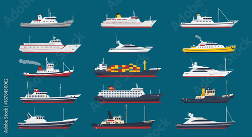 Diverse collection of various ship designs on a blue background
