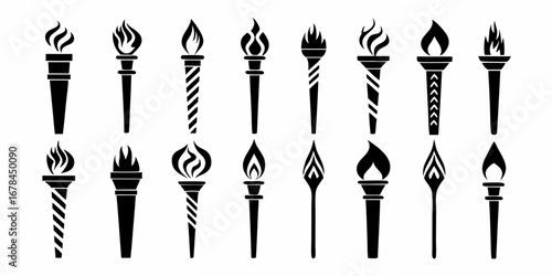 Collection of diverse black silhouette torch icons with flames representing victory and achievement