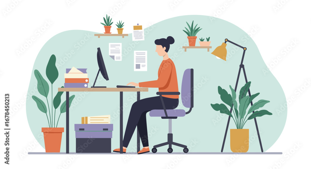 Fototapeta premium Modern home office workspace with plants and desk lamp illustration