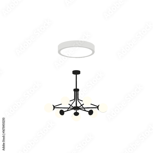 Modern Chandelier and White Circular Ceiling Light Fixture Interior Design on White Background