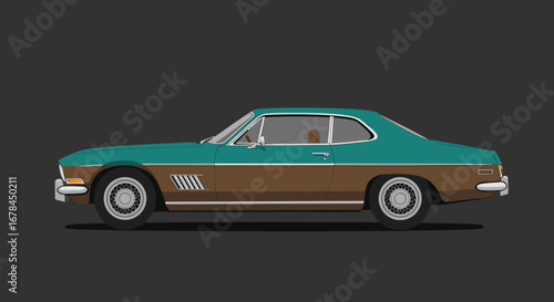 Retro classic car in profile view with vintage design elements on dark background