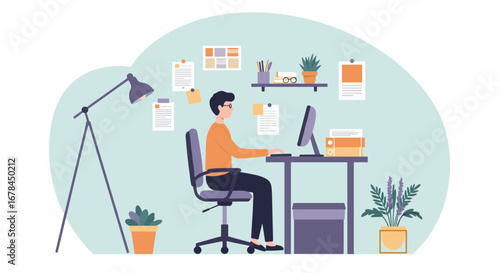 Modern home office workspace with person working at computer in minimalist style