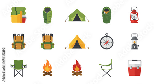 Camping essentials icons set: gear, tents, lanterns, and more in flat style