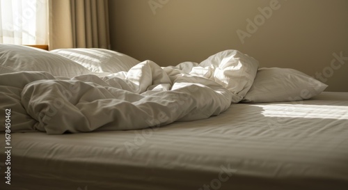 Sunlit morning scene showcasing a rumpled bed with soft pillows in cozy bedroom