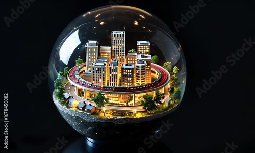 Miniature Cityscape Diorama: Illuminated Buildings, Monorail, and Lush Greenery Under a Glass Dome