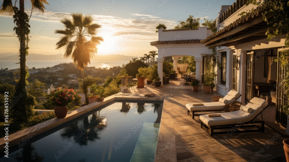 Obraz premium Luxurious garden oasis with swimming pool and sun loungers near Marbella under bright sunshine