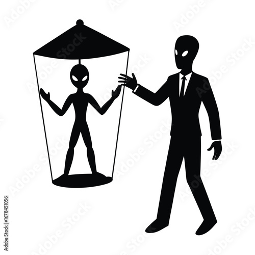 Silhouette vector man in suit captures alien in a glass container