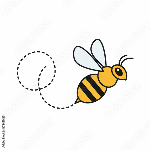 Cartoon bee flying with dotted trail ready to pollinate the flowers.