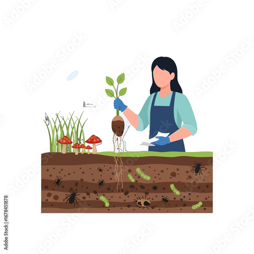 Woman Planting Seedling with Healthy Roots in Brown Soil with Mushrooms and Beetles in Gardening Scene