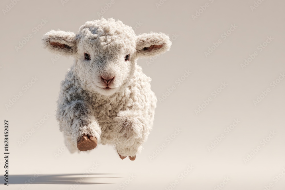 Fototapeta premium Fluffy lamb leaps in mid-air