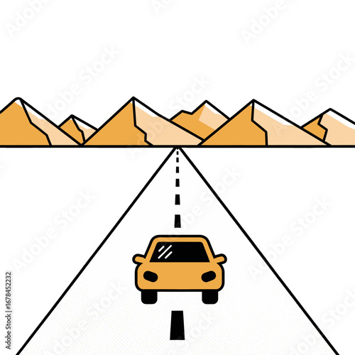 Yellow Car Driving on Open Road toward Mountains Under Clear Sky Minimalist Landscape