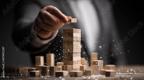 Hand Placing Wooden Block on Precarious Tower, Dark Background