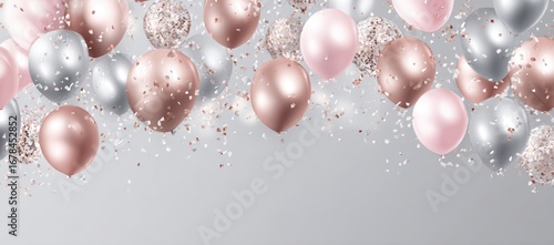 Rose gold and silver balloons with confetti on a light gray background