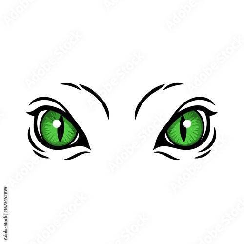 Intense Green Eyes of a Feline Predator Staring Forward on a White Background in an Illustration Style