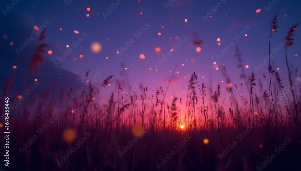 Fototapeta premium Magical twilight field with floating lights and sunset glow
