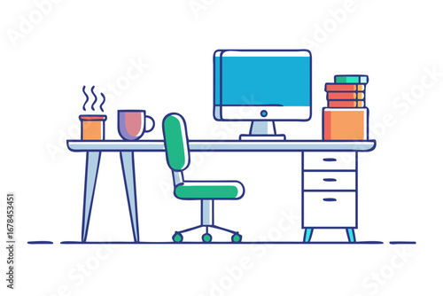 Illustration of a desk with computer, chair and coffee