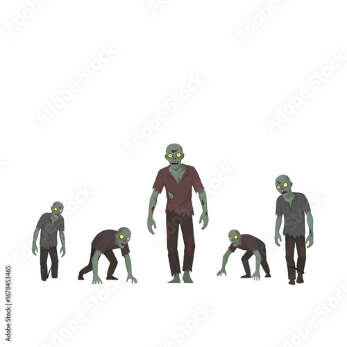 Group of Pixelated Green Zombies with Dark Clothing Crawling on a White Background in Retro Style