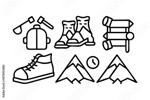Set of hiking and camping equipment icons