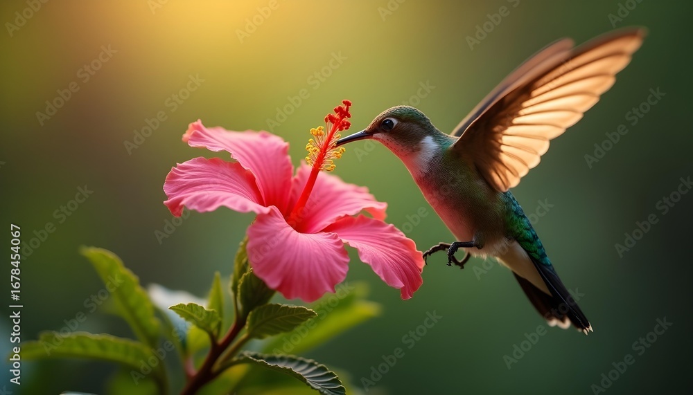 Fototapeta premium Hummingbird feeding on a vibrant pink hibiscus flower