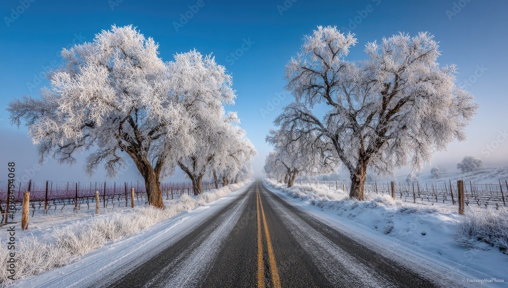 Fototapeta premium Winter wonderland road; frosted trees line a snow-covered road