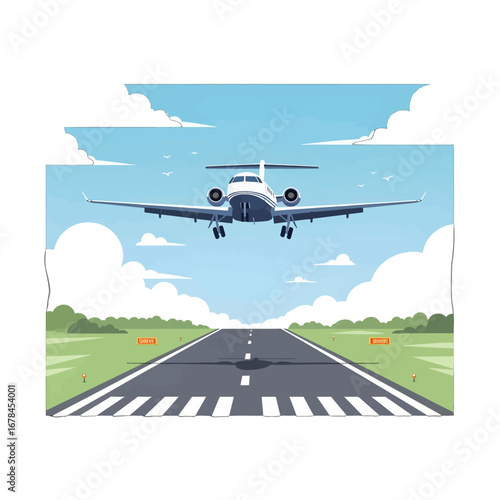 Pixel Art Illustration of a White Airplane Landing on Runway Under a Partly Cloudy Sky