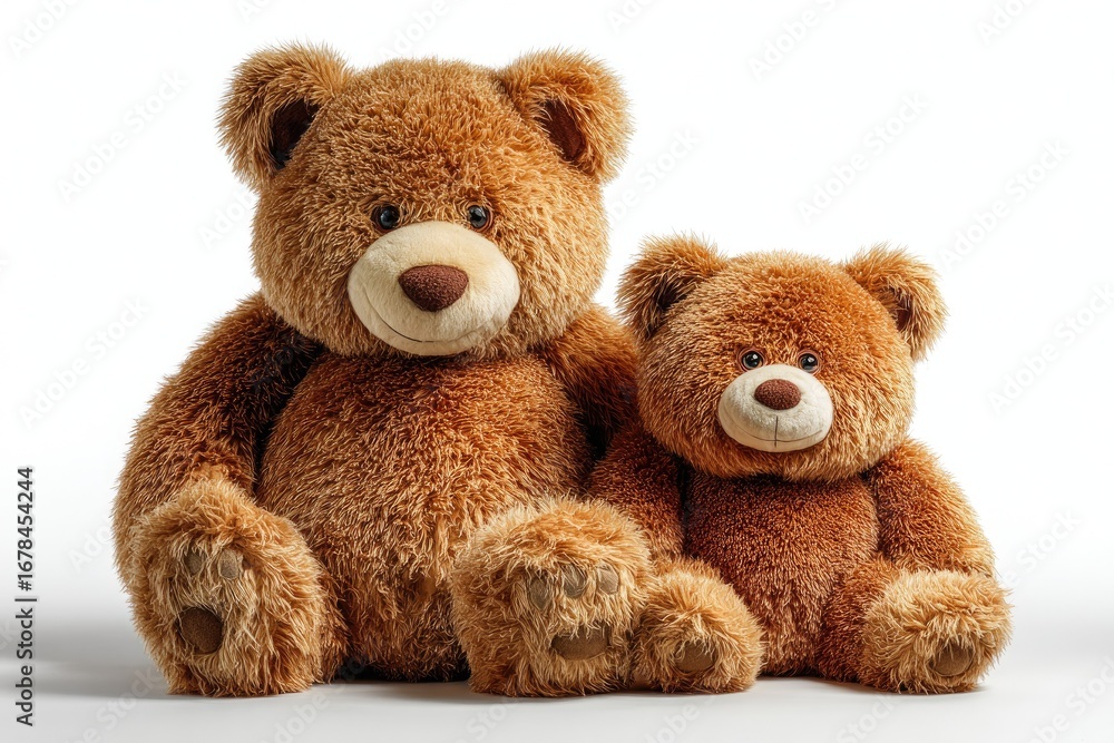 Obraz premium Two teddy bears, large and small, sit side-by-side