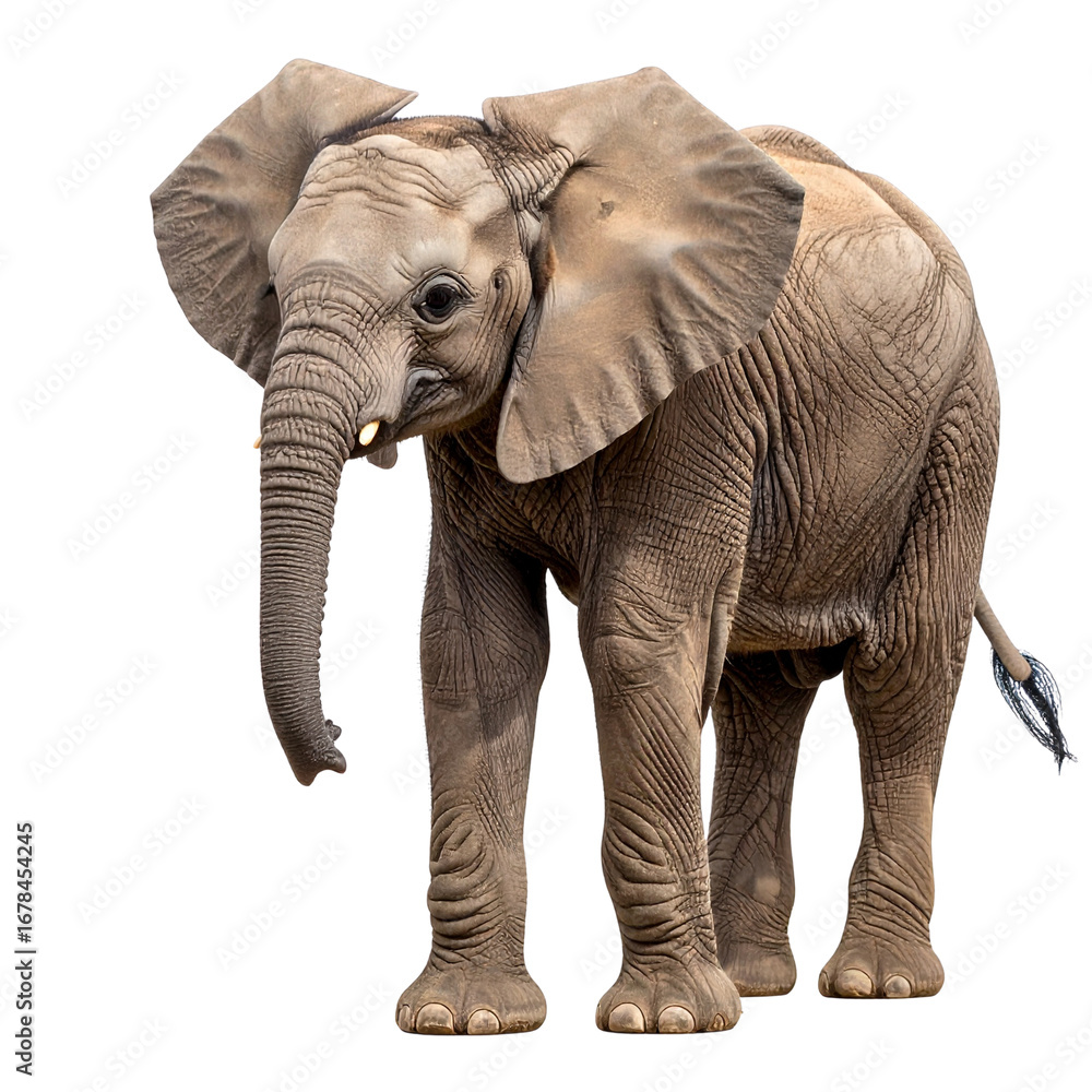 Fototapeta premium A massive African elephant with large ears and prominent tusks is isolated on a white background