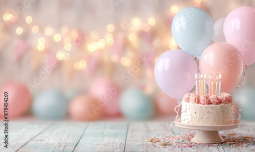 Pastel-colored birthday cake with balloons and candles on a wooden table