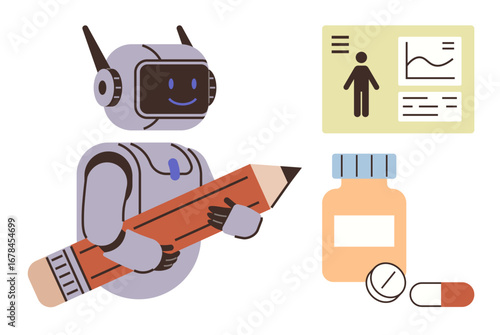 Robot holding oversized pencil beside medical chart, pill bottle, and capsules. Ideal for AI, healthcare, innovation, data analysis, research pharmaceutical technology. Simple flat metaphor