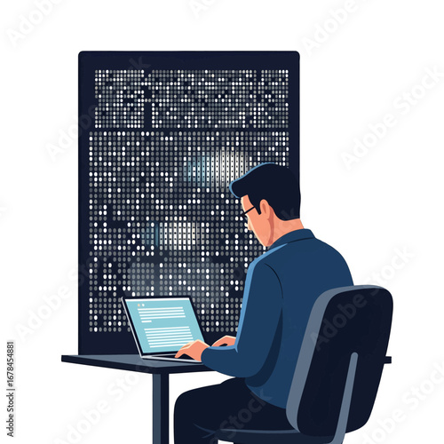 Man Coding at Desk in Dark Blue Shirt with Binary Code Background and Glasses in Vector Illustration