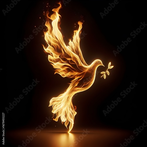 Fiery Dove Carrying Olive Branch – Symbol of Peace in Flames on Dark Background