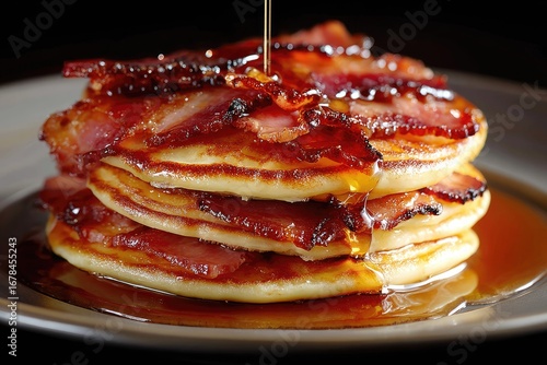 Stacked pancakes topped with crispy bacon, drizzled with syrup
