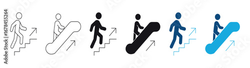 Person walking up stairs and escalator icon set. Escalator signs  , man climbing stairs icon on white background , vector illustration .