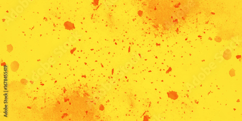 Abstract pattern with a bright yellow background and scattered red-orange splashes of varying sizes and shapes.