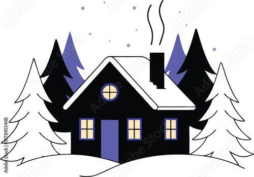 Winter house with snow and trees, a cozy and serene holiday scene