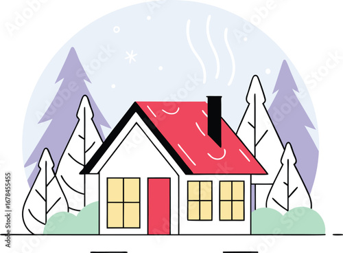 Cozy winter house with snow and trees, perfect for a peaceful holiday season